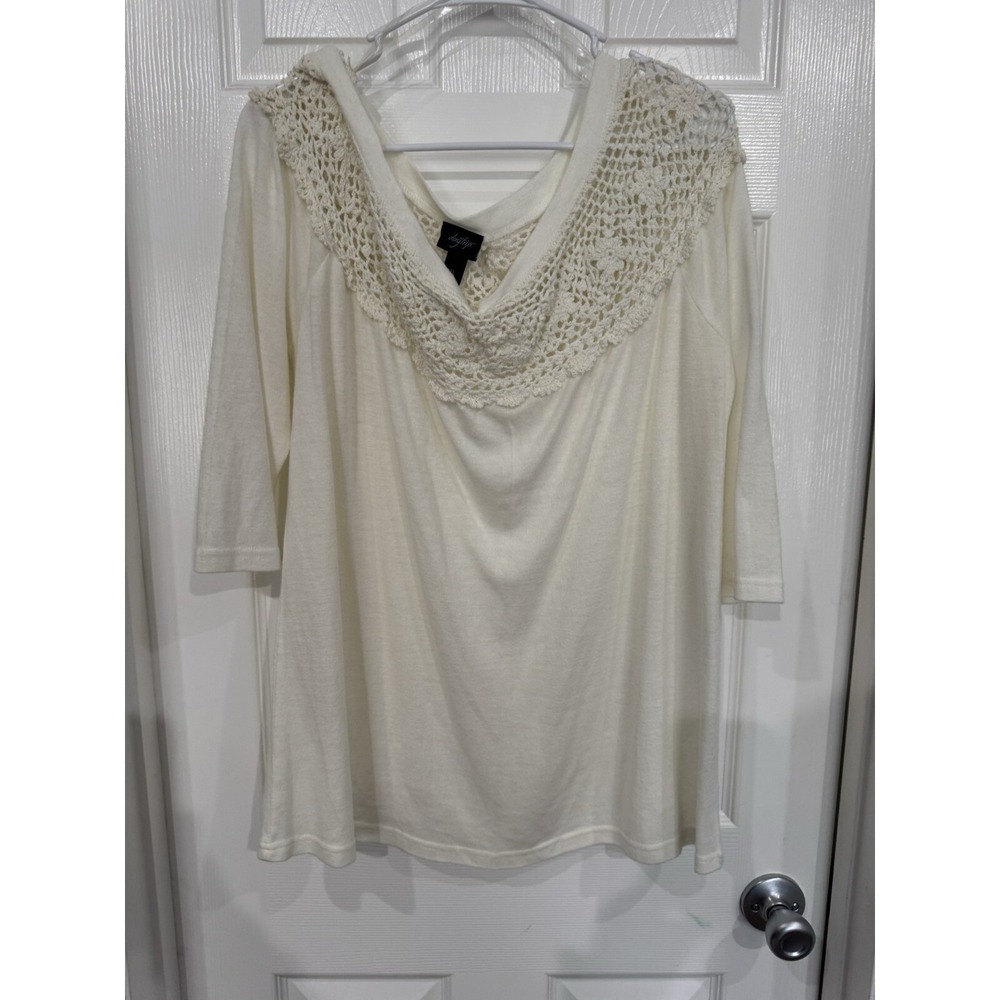 Day Trip Buckle Blouse Womens XL Cream Lace Mix Fabric Pullover 3/4 Sleeves Boho